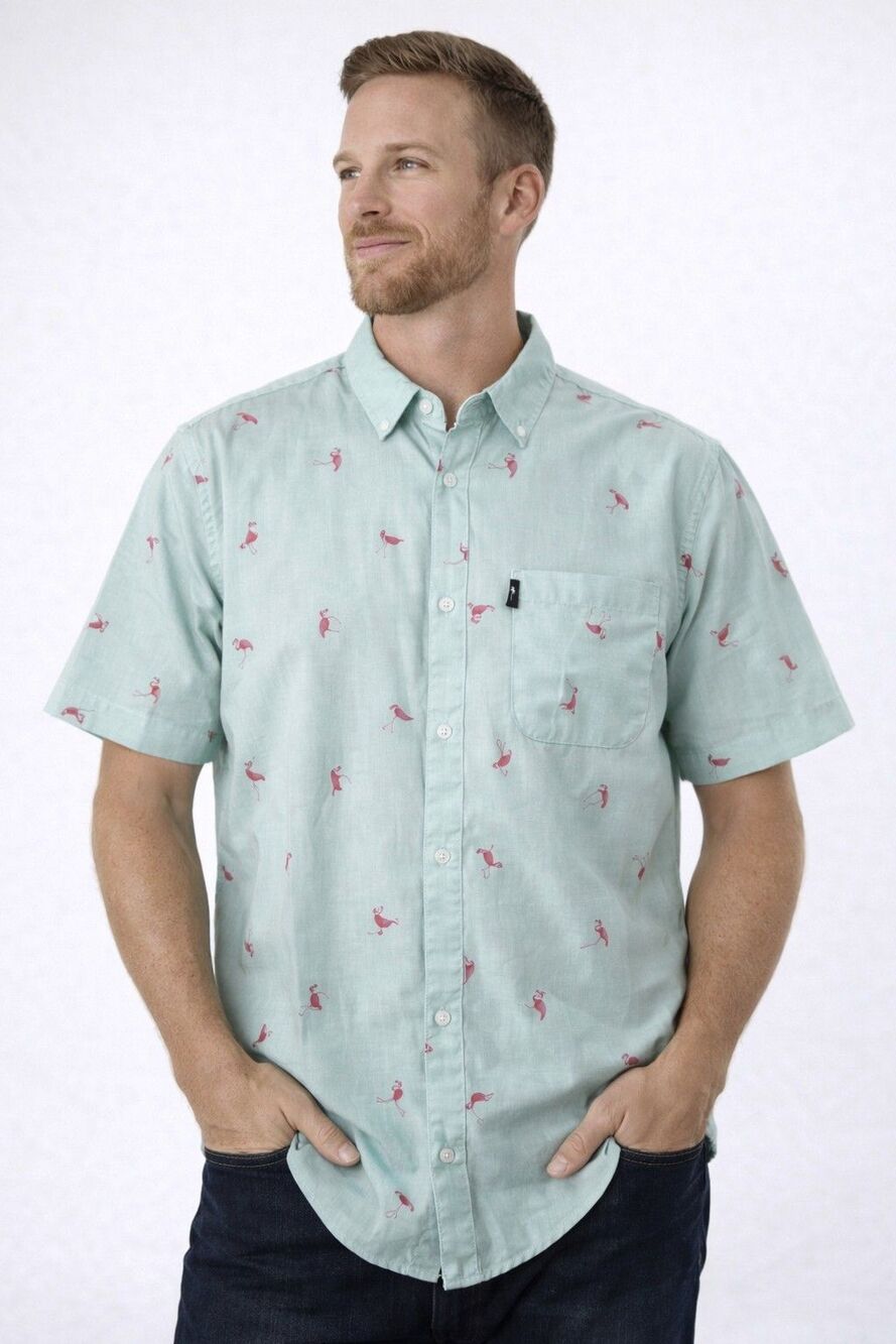 Men's XL Button Down Shirt Pink Flamingo Short Sleeve Casual Coastal Beach Boho